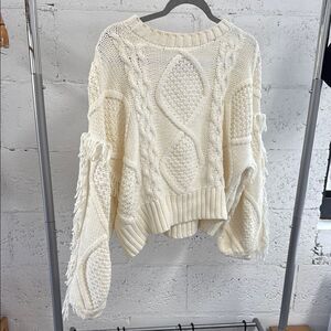 Cozy Cream Cable Knit Sweater - Line & Dot - Size Small Fringe Pullover - NWOT